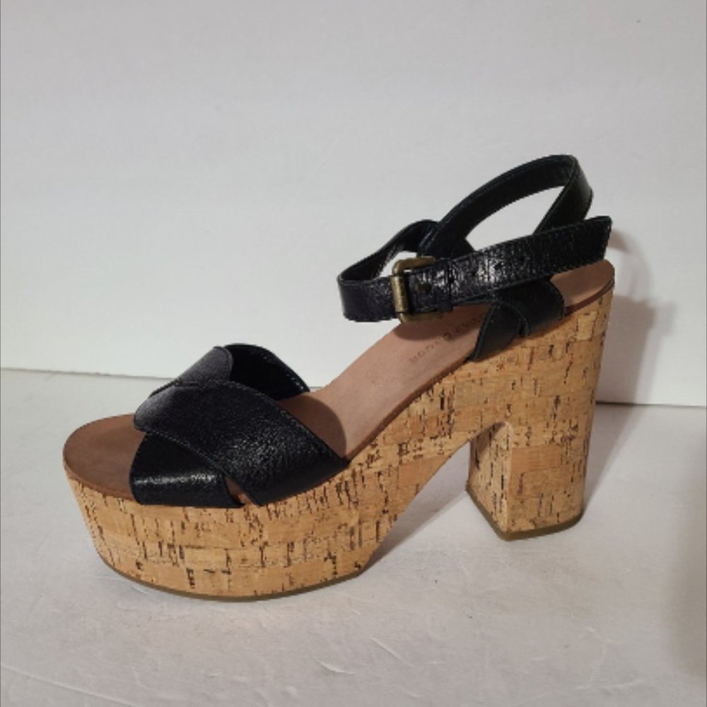 L'AUTRE CHOSE Women' Leather And Cork Ankle Strap Platfom Sandals Black 38